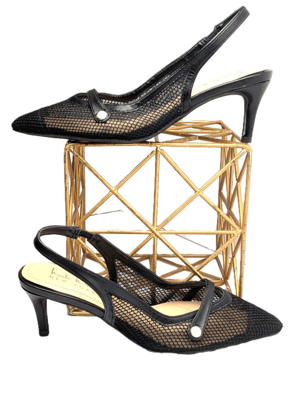 NWOB Nicole Miller New York Black Mesh Pearl Slingback Kitten Heels 6.5